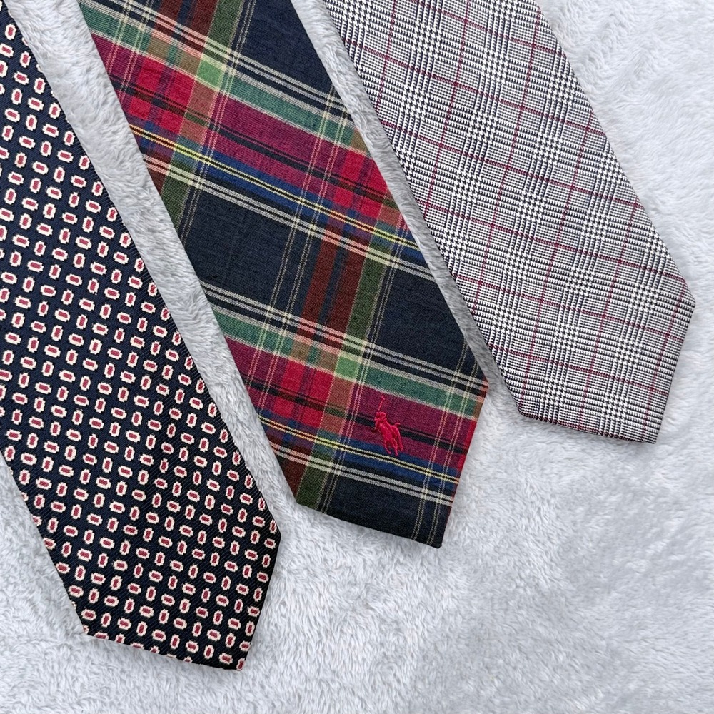 Polo Ralph Lauren Tie Lot 3 Mens Multicolored Silk Cotton Plaid Geometric USA